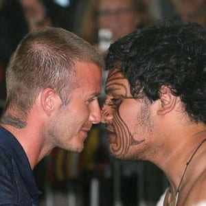 David Beckham share a hongi during a powhiri